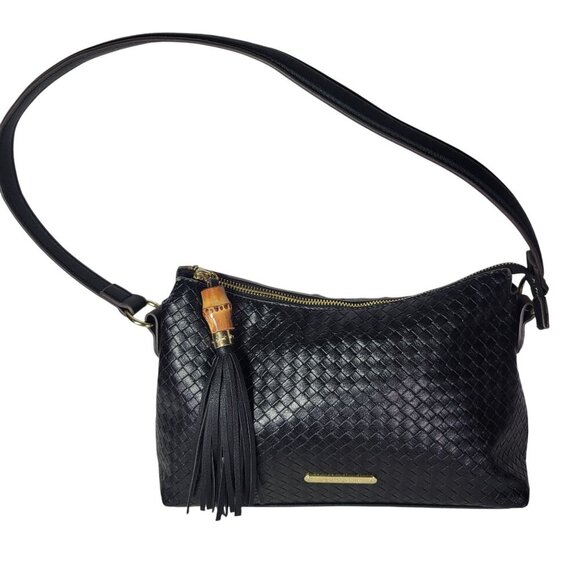 Liz Claiborne Black Classic Professional Woven Look Shoulder Wooden Tassel Bag - Picture 1 of 10